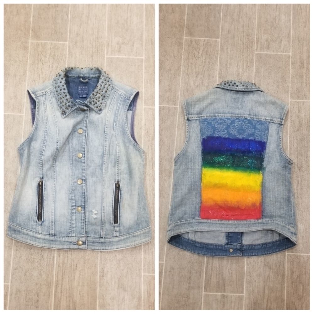 Guess Spiked Jean Vest Pride Colors Hand Painted
